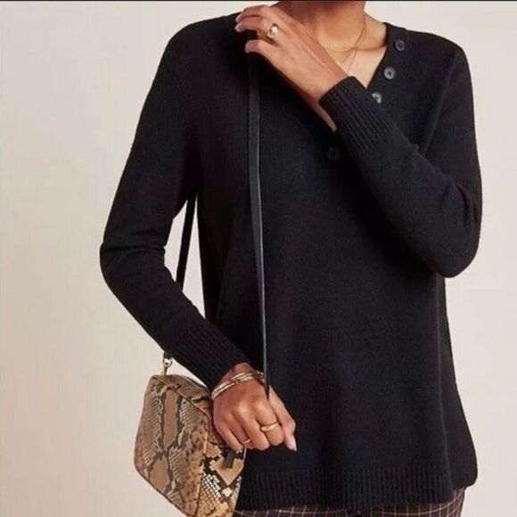 Anthropologie Womens Serena Button Up V-Neck Tunic Black Sweater Small - Picture 2 of 11